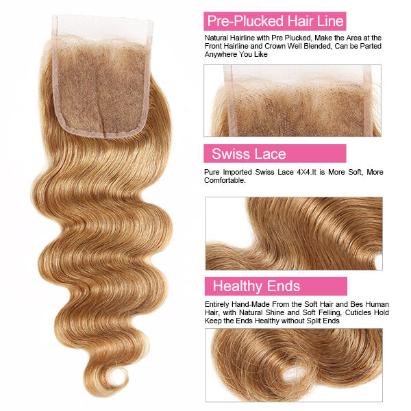 Honey Blonde Body Wave Bundles With Closure #27 Color Human Hair