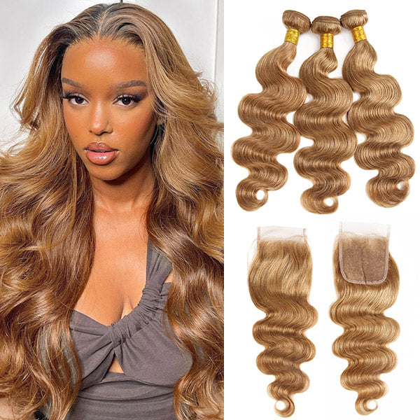 Honey Blonde Body Wave Bundles With Closure #27 Color Human Hair