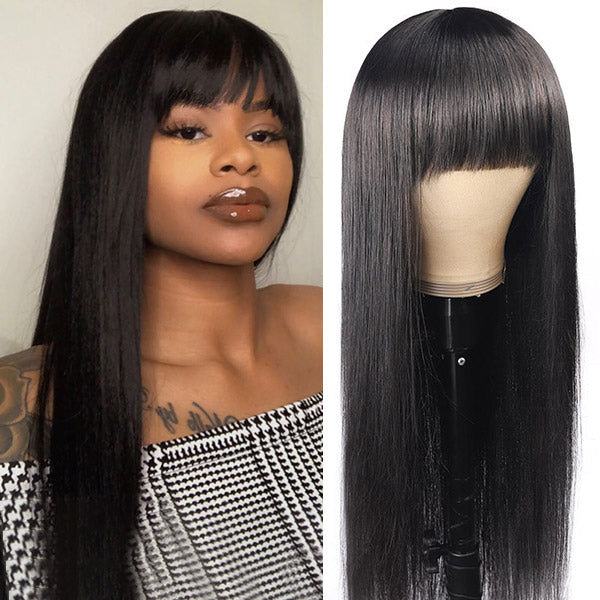 Human Hair Wigs with Bang Machine Made Virgin Hair Wig with Neat Bangs