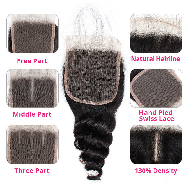 Loose Wave Bundles with Closure Peruvian Hair 3 Bundles with 4x4 Lace Closure