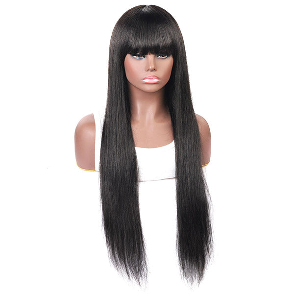Human Hair Wigs with Bang Machine Made Virgin Hair Wig with Neat Bangs