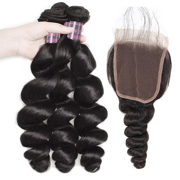 Loose Wave Bundles with Closure Peruvian Hair 3 Bundles with 4x4 Lace Closure