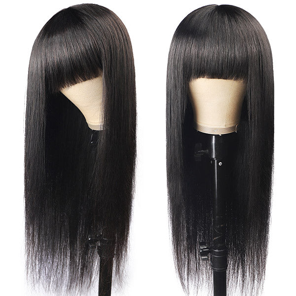 Human Hair Wigs with Bang Machine Made Virgin Hair Wig with Neat Bangs