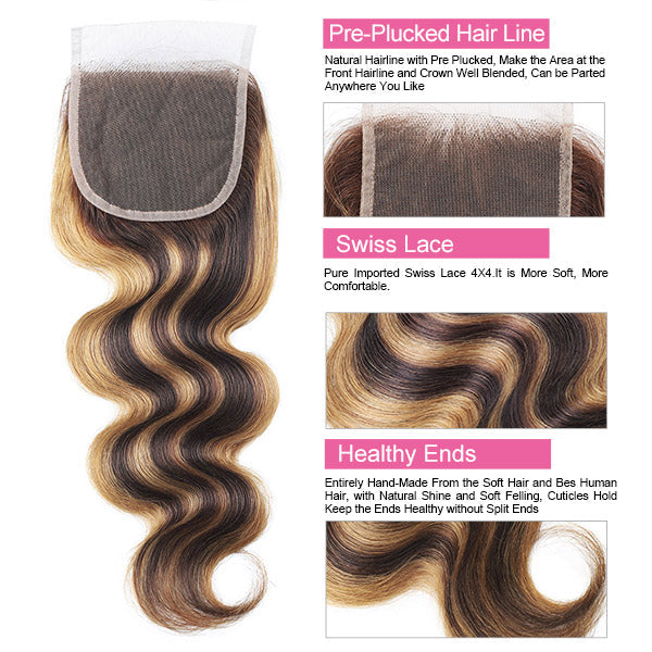 Highlight Body Wave Human Hair 3 Bundles with 4x4 Lace Closure P4/27