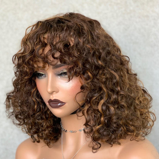 Curly pixie human hair wig with bang