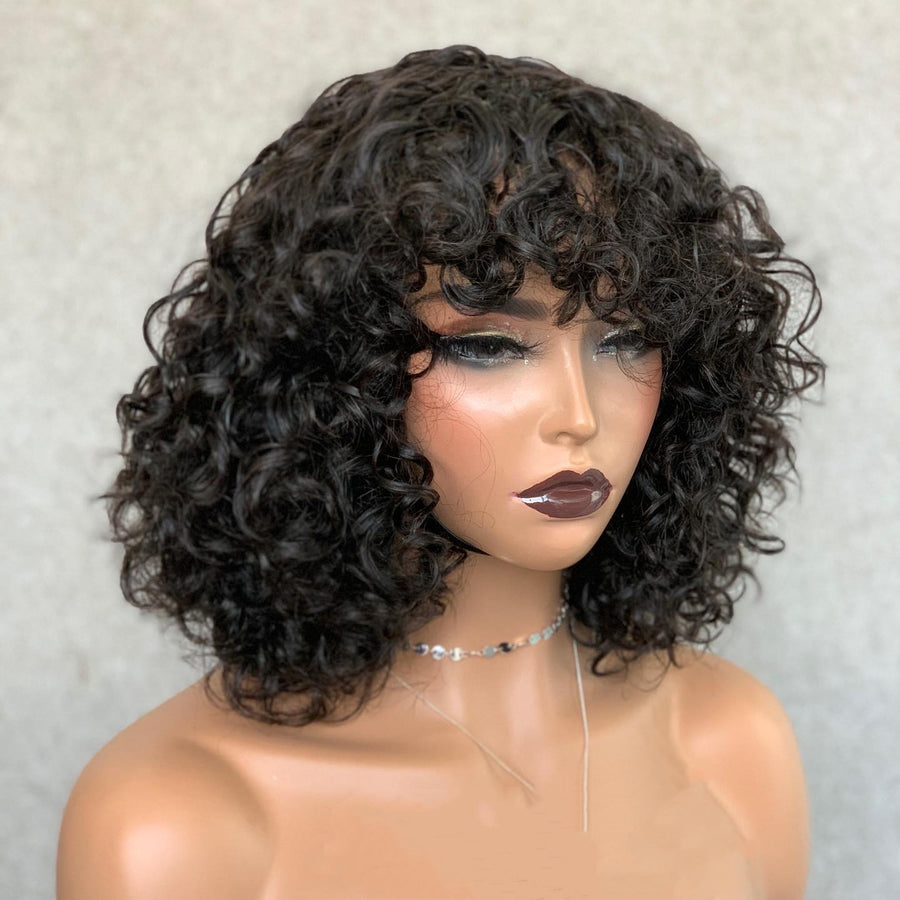 Curly pixie human hair wig with bang