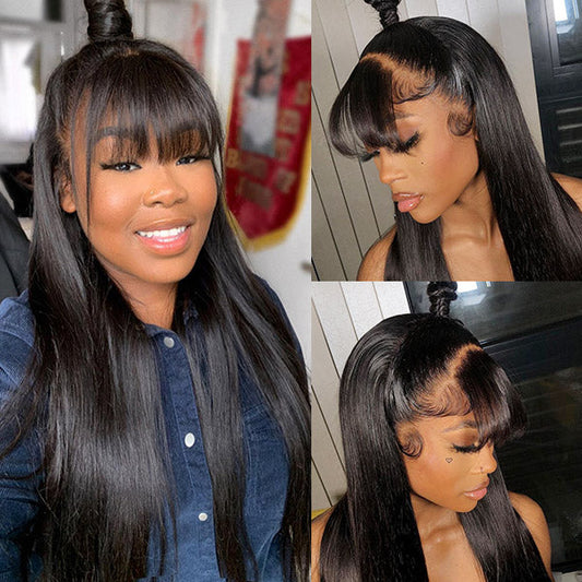 Human Hair Wigs with Bang Machine Made Virgin Hair Wig with Neat Bangs