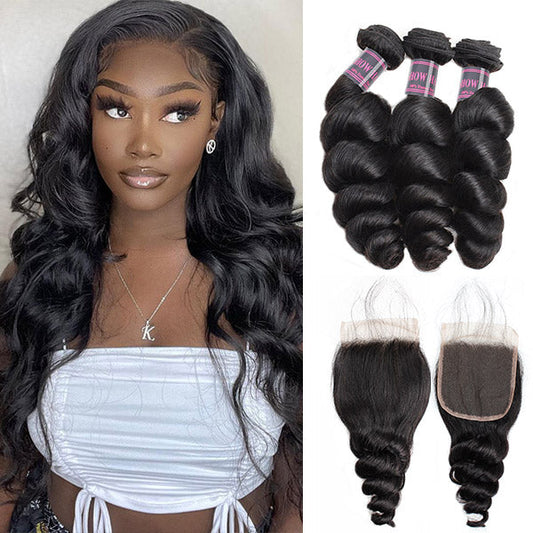 Loose Wave Bundles with Closure Peruvian Hair 3 Bundles with 4x4 Lace Closure