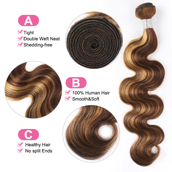 Highlight Body Wave Human Hair 3 Bundles with 4x4 Lace Closure P4/27