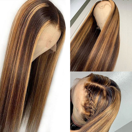 Honey Blonde Highlight Wigs 13x4 HD Lace Front Wig Straight Human Hair Wig with Pre Plucked
