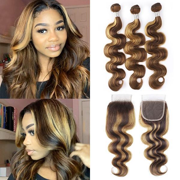 Highlight Body Wave Human Hair 3 Bundles with 4x4 Lace Closure P4/27