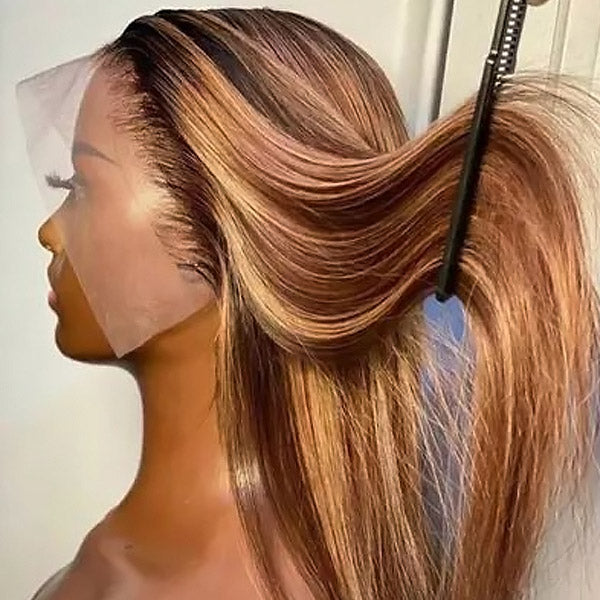 Honey Blonde Highlight Wigs 13x4 HD Lace Front Wig Straight Human Hair Wig with Pre Plucked