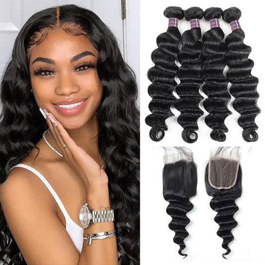 Loose Deep Wave Human Hair 4 Bundles With Lace Closure