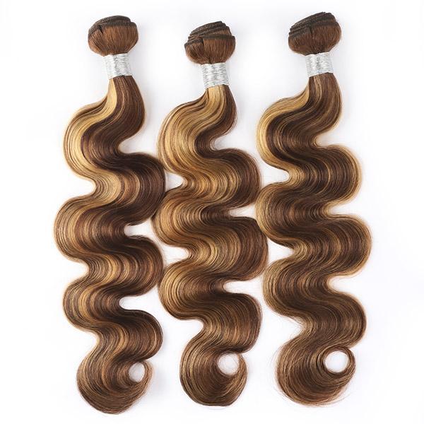 Highlight Body Wave Human Hair 3 Bundles with 4x4 Lace Closure P4/27